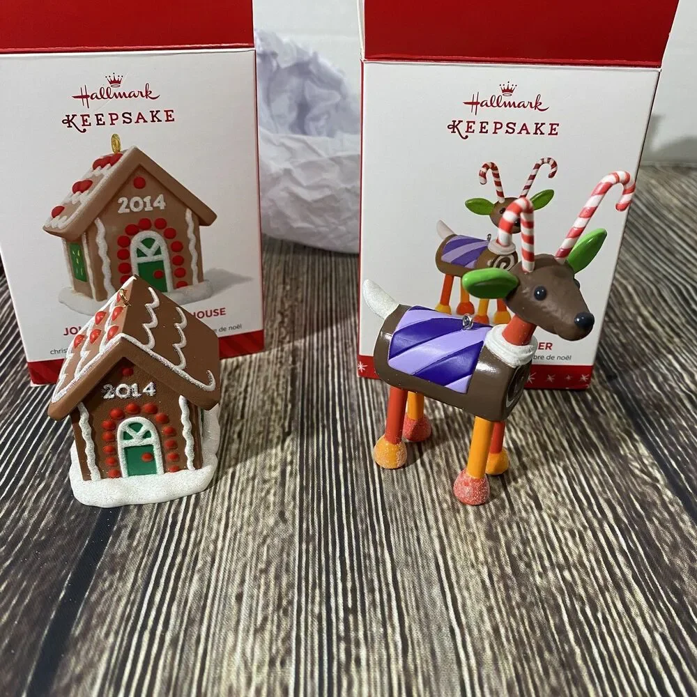 Hallmark Lot of 2 'Jolly Gingerbread House' & Santas Sweet Reindeer Ornaments